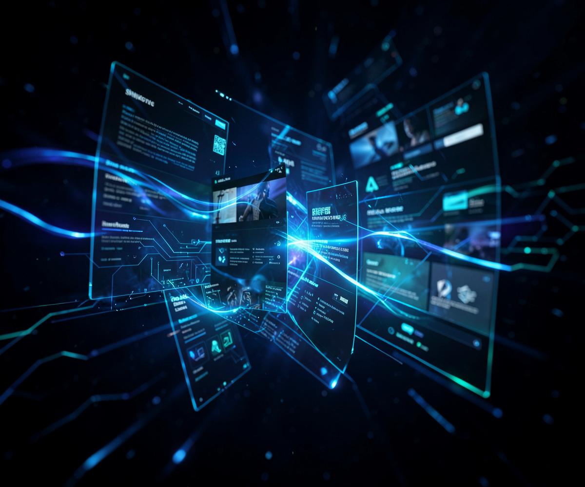 Glowing blue holographic website interfaces floating in dark space
